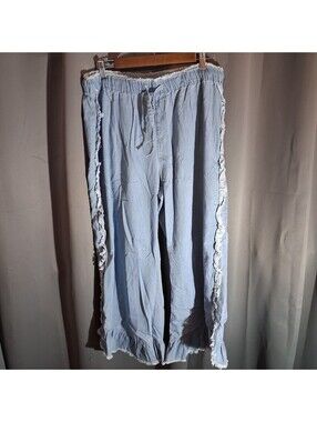 Light Blue Ruffle Trim Casual Pants with Drawstring Waist